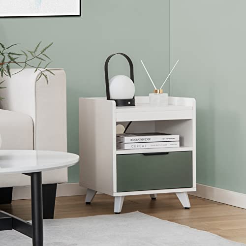 GOFLAME LED Nightstand Set of 2, 3-Tier Sofa Side Table with Drawer & Open Shelf, Remote Control, Aluminum Alloy Leg, Modern End Table for Bedroom, Guest Room, White