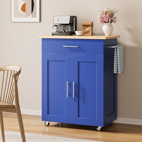 Mobile Kitchen Island on Wheels, Large Drawer, Blue | On Wheels, Large Drawer, Adjustable Shelf, Towel Rack, Rolling Island Table,for Kitchen & Dining Room - size: Small Kitchen Island, style: Modern Blue