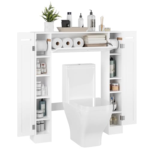 Over The Toilet Storage Cabinet, Bathroom Space Saver with Paper Holder and Adjustable Shelves, Freestanding Toilet Cabinet Organizer with 2 Side Doors and Pull-Down Door, White