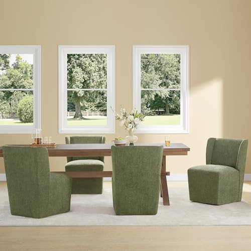 KISLOT Upholstered Dining Chairs Set of 4 with Casters, Wingback Modern Side Armless Deskchair with Rollers for Diningroom Bedroom Livingroom Reading Room, Green Fabric - color: A Green Fabric, size: Set of 4