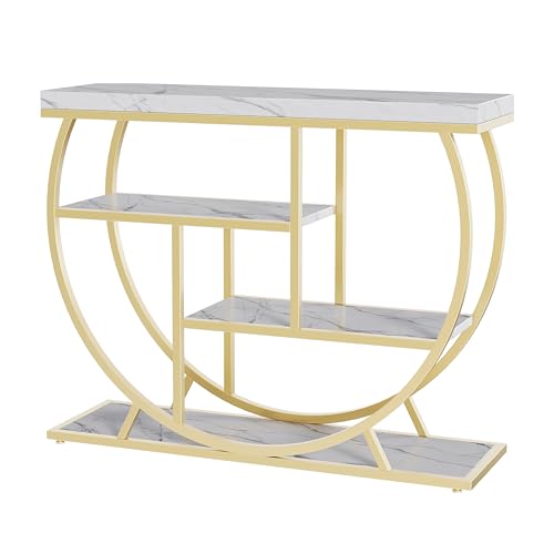 Garvee Entryway Table with Storage, Industrial 4-Tier Narrow Console Table Behind Couch with Half-Circle Base & Storage Shelves for Living Room, Hallway, Foyer - color: Gold & White
