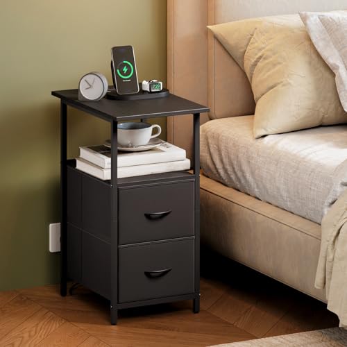 Somdot End Table with Charging Station, Narrow Side Table with 2 Fabric Drawers, Skinny Nightstand with Storage, Small Slim Bedside Table for Living Room, Sofa, Bedroom, Couch, Black - color: Black