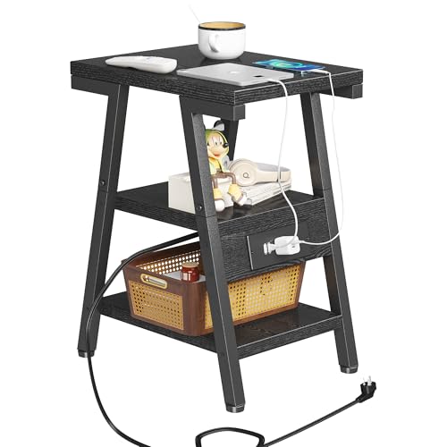 Side Table with Charging Station,3-Tier Small End Table,Lucky 7 Metal Shape | 2 AC Outlets + 2 USB Ports, Adjustable Feet, Nightstand for Bedroom, Living Room, Couch, Narrow Spaces, Black - color: Black