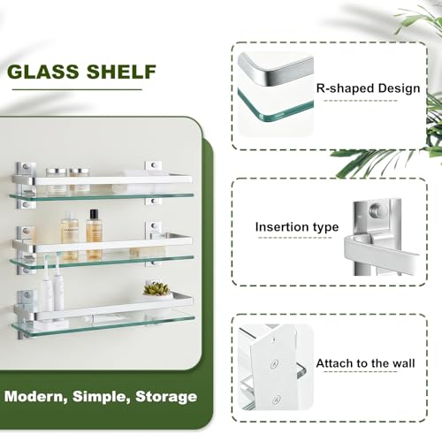 Bathroom Glass Shelf 15.7" Silver Wall-Mounted, Floating Metal Storage Rack | 3 Pack Aluminum Tempered Glass 0.3in Extra Thick Rectangular,Space-Saving Design - color: Silver 3 Pack