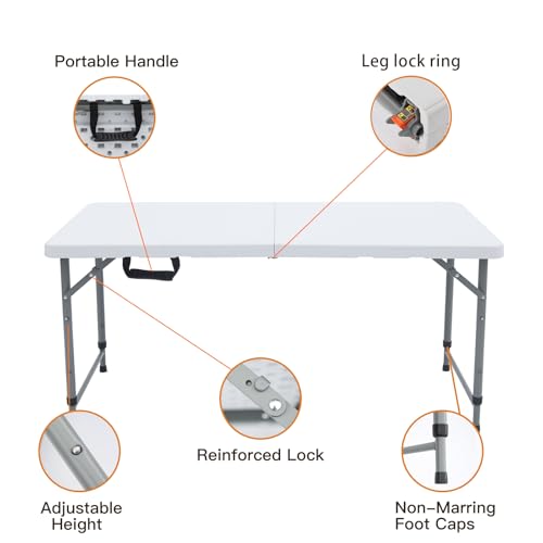 Lakhow Folding Table 4 Foot Portable Heavy Duty Plastic Fold-in-Half Utility Table with Carrying Handle,Indoor Outdoor Small Adjustable Height Folding,Camping and Party,White - color: 48 Inches White