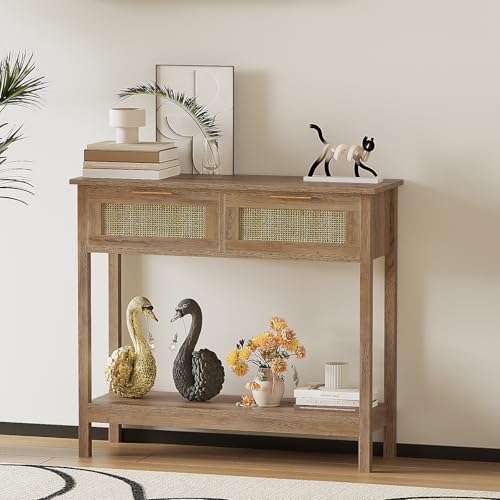 Trironsun Farmhouse Rattan Console Table with 2 Drawers 2 Tier Boho Narrow Long Sofa Table Natural with Open Storage Shelf Wood Entryway Table for Living Room Hallway Foyer - color: Caramel Oak