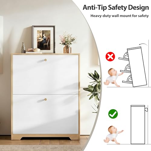 Nicetree Shoe Cabinet with 2 Flip Drawers, Narrow Shoe Organizer Cabinet, Freestanding Shoe Rack Cabinet, Modern Shoe Storage Cabinet for Entryway, Hallway, Foyer, Natural Oak and White - color: Natural Oak and White, style: 2-Drawers