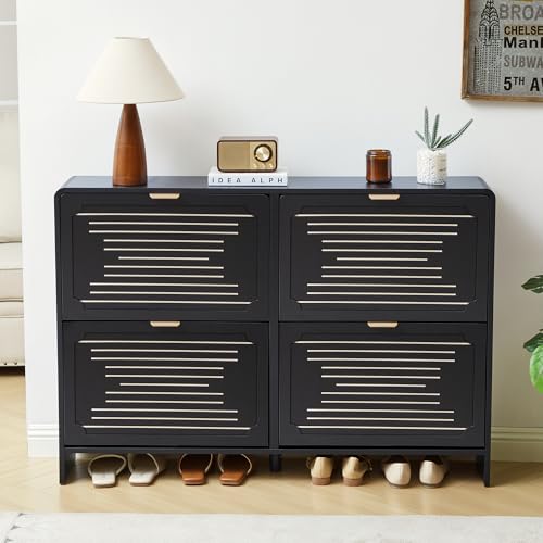 47.2'' Shoe Storage Cabinet for Entryway, Narrow Shoe Rack Organizer with 4 Flip Drawers, Freestanding Wood Hidden Shoe Cabinet with Adjustable Shelf for Hallway, Living Room (Black, 47.24'')