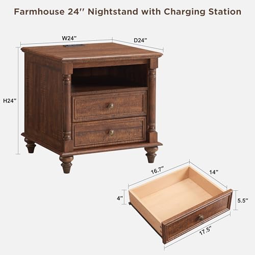 T4TREAM 24" Farmhouse Nightstands with 2 Drawers, Reclaimed Barnwood | 4 Solid Wood Feet, Charging Station, Tall Rustic Wood Square, Sofa Side Table, Living Room, Bedroom - color: Reclaimed Barnwood