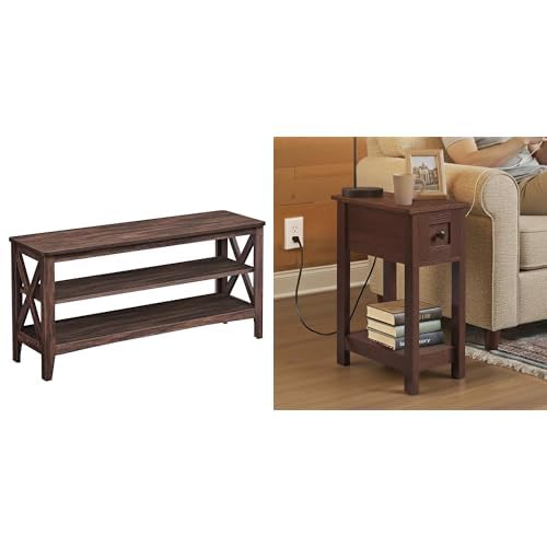 VASAGLE Entryway Storage Bench, Farmhouse End Table with Storage Drawer, Maroon Brown ULSB153K51 Saddle Brown ULET328K01
