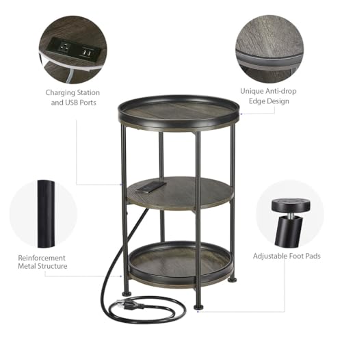Dulcii Round Side Table with Charging Station, End Table with 3 Shelves for Living Room, Bedroom Nightstand with Steel Frame for Small Spaces, Industrial Round Sofa Table (USB+Grey) - color: Grey, style: With Outlets