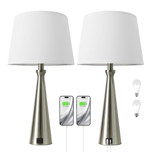 Seealle Modern Table Lamps Set of 2 - Touch Bedside Lamp for Nightstand with Dual USB C+A,3-Way Dimmable Silver Nightstand Lamps for Living Room Bedroom End Table with White Shade(Bulb Included) - color: C. Silver-White