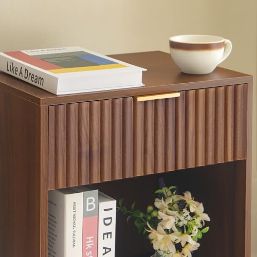 Fultyle Walnut Nightstand, Modern Night Stand with Fluted Drawer and Open Storage, Wooden Bedside Table with Solid Wood Legs for Bedroom, Living Room, Office (Walnut Brown) - color: Walnut Brown