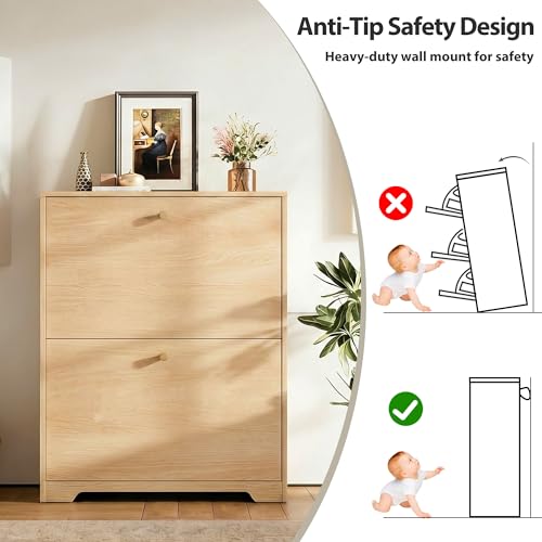 Nicetree Shoe Cabinet with 2 Flip Drawers, Narrow Shoe Organizer Cabinet, Freestanding Shoe Rack Cabinet, Modern Shoe Storage Cabinet for Entryway, Hallway, Foyer Natural Oak with Hook - color: Natural Oak, style: 2-Drawers with Hook