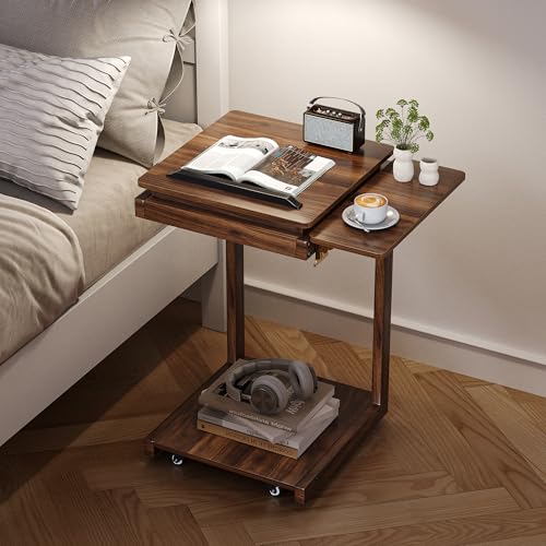 OtterOasis C Shaped End Table for Couch Rolling Side with Wheels Walnut | Wood, Desk Tv Tables, with Folding Desktop, Lockable Wheel, with Hidden Storage, for Living Room, Bedroom - color: Walnut