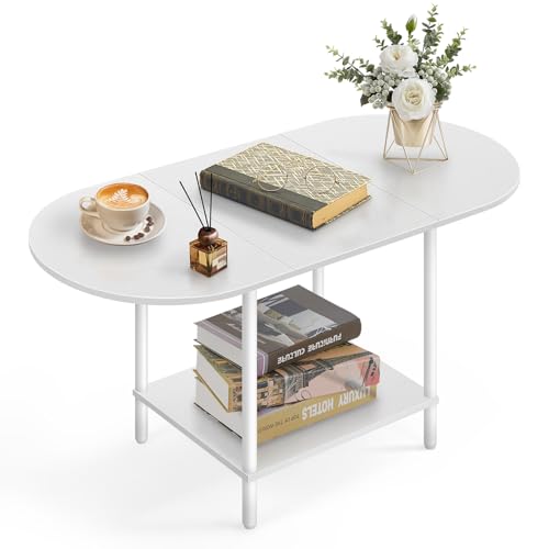 White Coffee Tables for Living Room,Mid Century Oval Center Table with Storage Shelf and Wood Tabletop,2-Tier Modern Narrow Cocktail Tea Table for Small Space,Small Apartment - color: White