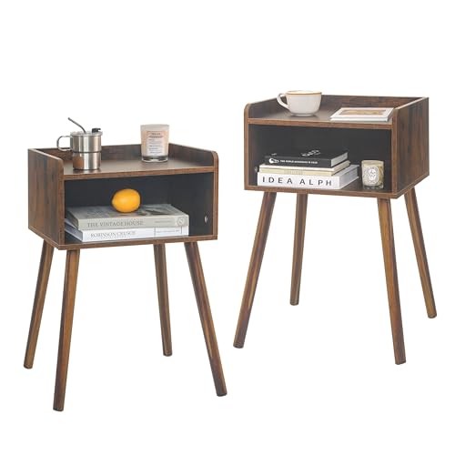 MaxSmeo Night Stand Set 2, Mid Century Modern Side Table Bedroom with Storage, Small End Bedside Table Set of 2 with Solid Wood Legs for Living Room, Office Small Spaces (Rustic Brown) - color: 2 Pack Rustic Brown