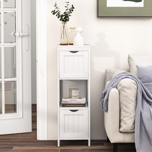 RELAX4LIFE Small Bathroom Storage Organizer, Freestanding with 2 Removable Drawers & Open Shelf, Wooden Corner Cabinet for Entryway, Living Room or Narrow Bathroom (White)