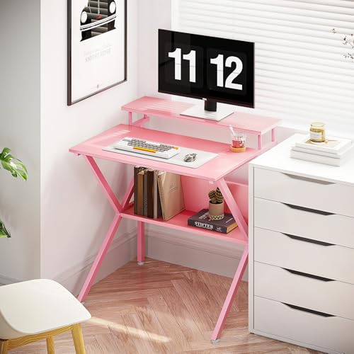 ODK Small Desk, 27.5 Inch Computer Desk for Small Spaces, Study Desk with Storage & Monitor Stand, Pink - color: Pink