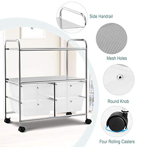 RELAX4LIFE Rolling Storage Cart with 4 Drawers & 2 Shelves, Metal Frame Paper Scrapbook File Organizer for Home Office, School Classroom, Movable Art Craft Cart (Clear) - color: Clear