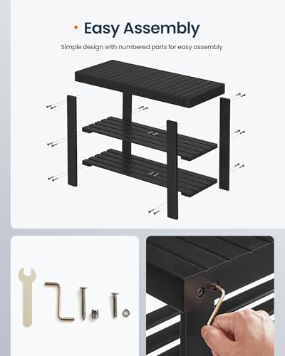 SONGMICS HOME 3-Tier Bamboo Shoe Bench, Shoe Rack, for Entryway Bathroom Bedroom, 11.5 x 27.8 x 18 Inches, Black - color: Black