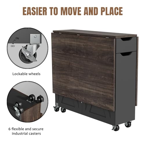 3imothrix Folding Dining Table, Small Dining Table, Space Saving Dining Table with 6 Wheels, Kitchen Table Sewing Table for Small Spaces (Black Dark Brown) - color: Dark Brown