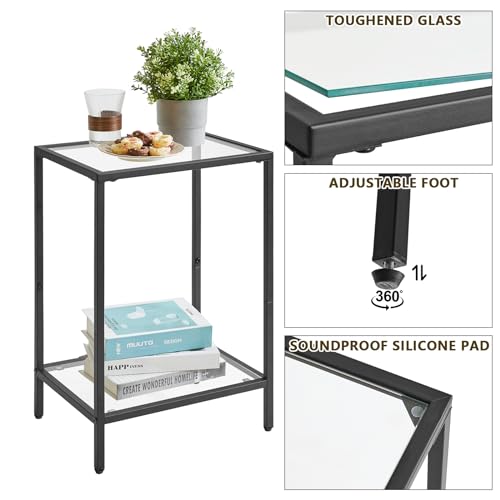 YMYNY Tempered Glass Side Table, 22.05H*14.96L*11.02W,Black, UHGD002B | 2 Tier end table, Storage Shelves, Narrow Bedside Table, For Small Space - color: Black