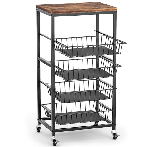 Fruit Vegetable Cart, 4-Tier Snack & Kitchen Cart on Wheels with Storage, Pull-Out Baskets & Wood Top, Rolling Organizer for Pantry, Living Room (Brown) - color: Brown