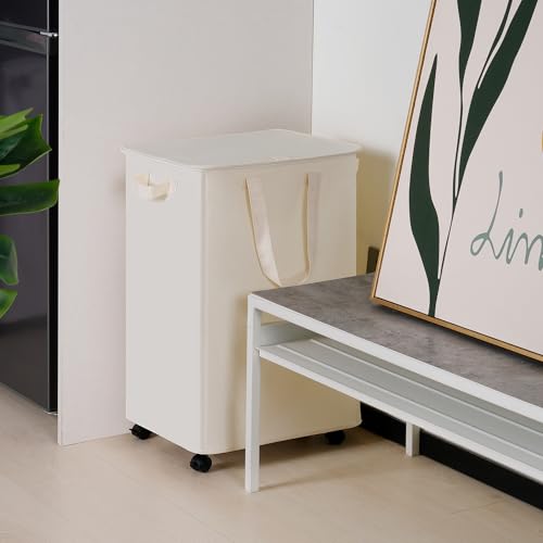 Vincona Slim Laundry Hamper with Lid and Wheels, Small Rolling Laundry Basket with Handle for Small Spaces, Tall Dirty Clothes Hampers for Dorm, Bathroom and Bedroom, 95L, Beige - size: 95L