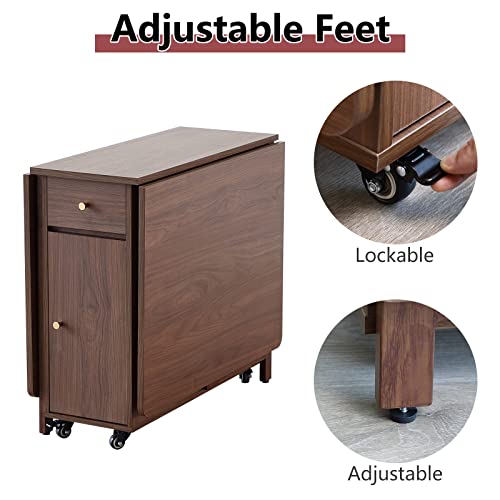 Drop Leaf Folding Dining Table with Storage, Wheels, Space Saving | Foldable Design, 18mm Thick Plywood, 300lbs Capacity, Locking Wheels, Farmhouse, for Living Room Kitchen Small Spaces, Walnut - color: Walnut