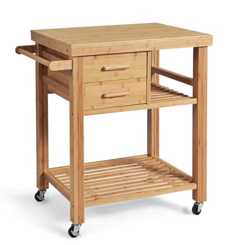 Kitchen Island, Rolling Butcher Block Kitchen Cart on Wheels | Bamboo Kitchen Trolley with Drawers, Shelves, Towel Rack, Small Kitchen Island Cart for Dining Room - size: 32.5"Lx21.5"Wx35.5"H