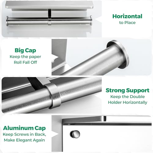 Toilet Paper Holder - Aluminium Double Roll Toilet Tissue Holder with Mobile Phone Shelf for Bathroom, 3M Self Adhesive No Drilling or Wall-Mounted, Rustproof Modern Style Brushed Nickel - color: Brushed Nickel-2 Roll