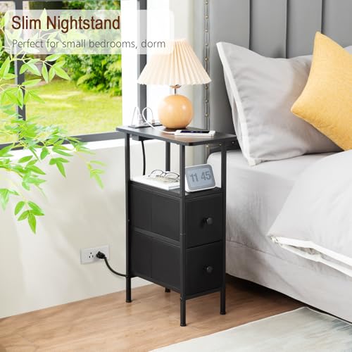 LOAKEKEL Narrow Nightstand with Charging Station, End Tables Living Room Set of 2, Skinny Side Table with Fabric Drawers, Slim Sofa Table for Bedroom, Small Spaces, Couch, Black, HETNDP02BK - color: Black, style: Power