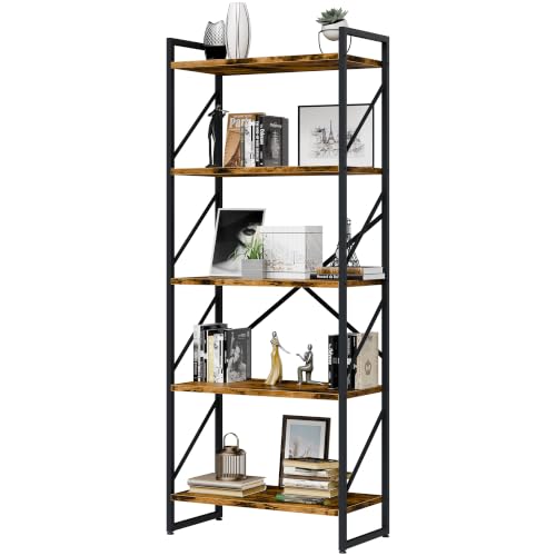 Vongrasig 5 Tier Bookshelf, Modern Industrial Bookcase with Metal Frame | 62” Tall Display Shelf, Free Standing Storage Organizer for Home Office, Living Room, Bedroom, Rustic Brown - color: Rustic Brown