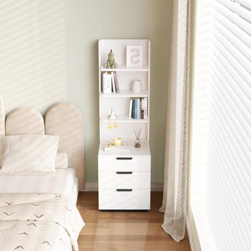 Tall Nightstand with 3 Drawers & 4 Open Shelves, Modern Bedside Table with Storage, Multifunctional Narrow Night Stand, Space-Saving End Tables for Bedroom, Small Spaces, White