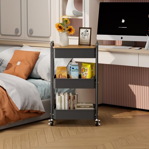 3 Tier Rolling Cart with Table top, Metal Utility Cart, Sturdy Storage Organizer Cart with Locking Wheels & Hooks for Office, Classroom, Kitchen and Bathroom - color: Black