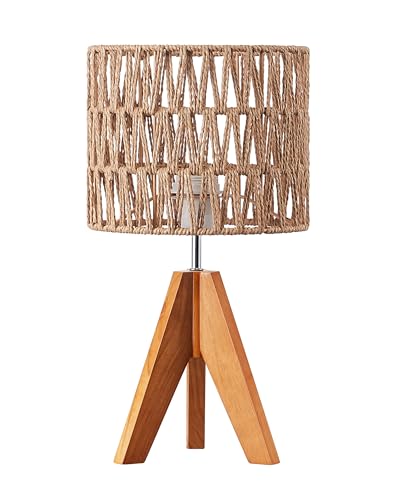 EDISHINE Small Table Lamp, Rattan Wood Tripod Bedside Lamp, Boho Nightstand Lamp for Living Room, End Table, Office, E26 Base, Natural Style - color: Rosewood Color&W-pattern Shade