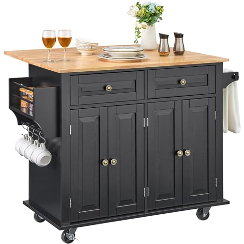 VEVOR Kitchen Island Cart, 35" Wood Top Mobile Carts with Storage Cabinet, Rolling Table with Drop Leaf, Spice Rack, Towel Bar, Adjustable Shelf, Drawer, and Hooks, Portable Islands on Wheels, Black - size: 35.4" W Drop Leaf, style: 2 Drawers & 4 Doors