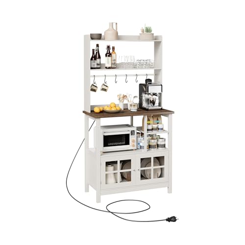 ChooChoo Farmhouse Bakers Rack with Power Outlets and Storage, Coffee Bar Cabinet with Storage, Microwave Stand Kitchen Cabinet with Hutch and 6 Hooks, Soft White & Brown - color: Soft White & Brown