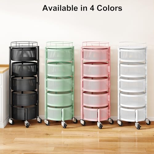 SAYZH Fruit Vegetable Basket for Kitchen, Rotating Storage Rack, 5 Tier Rolling Cart with top lid, Large Metal Wire Wheels, Pink - color: Pink