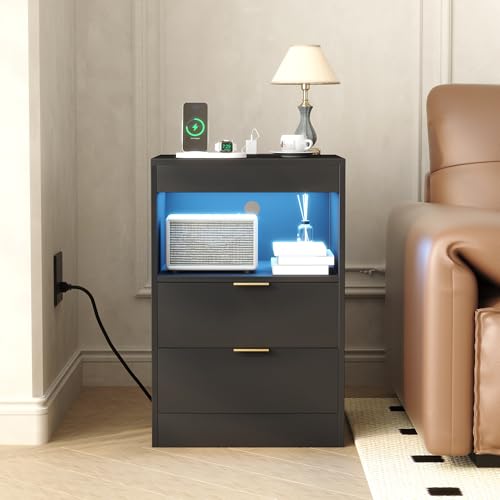 Yusong Night Stand, Black Nightstand, LED Nightstand with Charging Station, Modern Night Stand, Bedside Table, Wood Sofa Couch End Side Table with 2 Pull-Out Shelf - color: Black 001