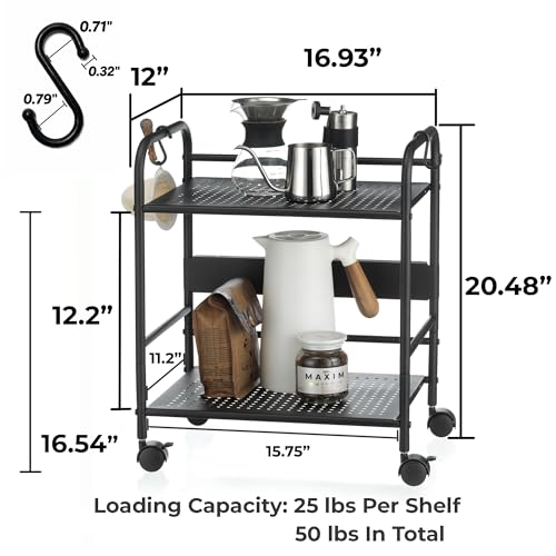 2-Tier Metal Rolling Cart, Compact Under Desk Storage Organizer | 12.2" clearance fits binders & tall bottles; anti-drop safety guard; small space mobile shelf for home, bedroom & office. - color: Black