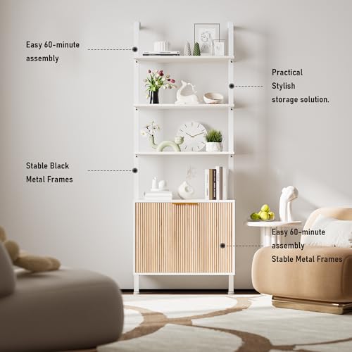 INNOD 74" Tall Bookshelf with Storage Cabinet, Modern Ladder Shelf with Wood and Metal Frame, Wall Mount Bookcase Open Display Shelf Furniture for Living Room, Bedroom, Home Office, White and Oak - color: White & Oak