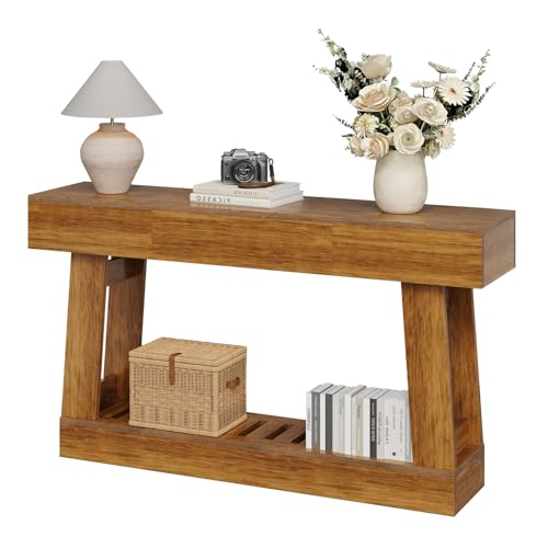 60" Farmhouse-Style Entryway Table with Drawers, Two-Tier Storage Design with Includes Drawers and Open Shelves, Sturdy Wooden Frame, Easy to Clean, Perfect for Entryways, Hallways, and Living Rooms