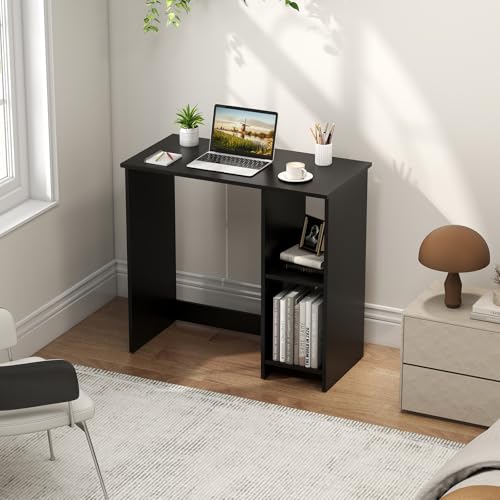 Giantex Small Desk with Storage, 31.5 Inch Home Office Computer Desk with Shelves, Space Saving Study Writing Desk, Modern Simple Laptop Desk for Small Spaces (Black) - color: Black