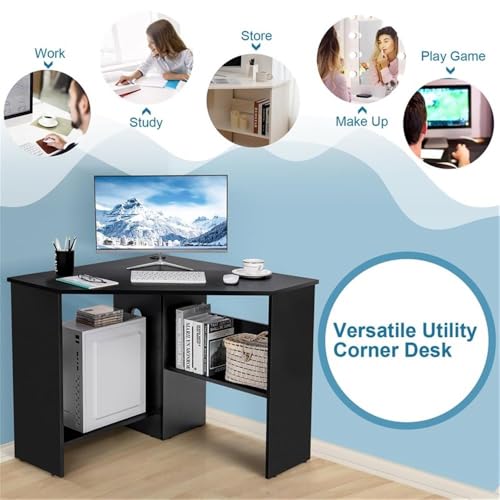 Pemberly Row Corner Computer Desk, Black Finish, Compact Triangle Design, Cable Management Holes, Spacious Storage Shelves, Scratch-Resistant Surface, Versatile Home Office or Bedroom Workstation
