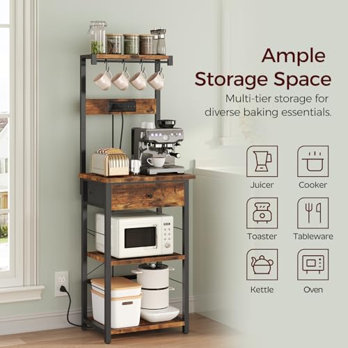 MAHANCRIS Bakers Rack with Drawer, Microwave Stand with Power Outlet, Coffee Bar Station with 4 Hooks, Kitchen Storage Shelf Rack 4 Tiers, for Kitchen, Dining Room, Rustic Brown and Black BRHR48E01 - color: Rustic Brown and Black
