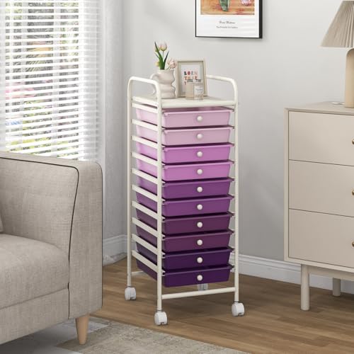 DREAMADE Rolling Cart with Storage Drawers, Utility Cart w/Removable Plastic Drawers, Lockable Wheels, Art Cart for Classroom Organization Art Supplies Office Scrapbook (10 Drawers, Gradient Purple) - color: Gradient Purple, style: 10 Drawers
