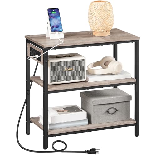 HOOBRO End Table with Charging Station, Side Table with 3 Tier Storage Shelf, Narrow Nightstand for Small Spaces, for Living Room, Bedroom, Easy Assembly, Greige and Black BG149UBZ01 - color: Greige + Black