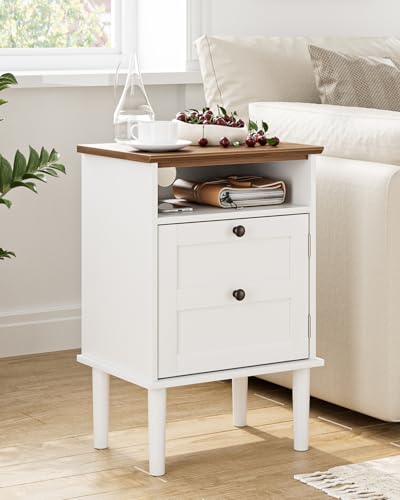 Nightstand, Boho Night Stand with 1 Drawer, Modern Side Accent Table with Open Shelf, Wooden Top Bedside End Table for Bedroom, Living Room, White - color: White